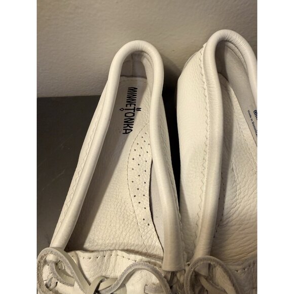 Minnetonka Deerskin Leather Gold Beaded Moccasins White Size 7.5/8 Rare Colorway - Picture 4 of 10